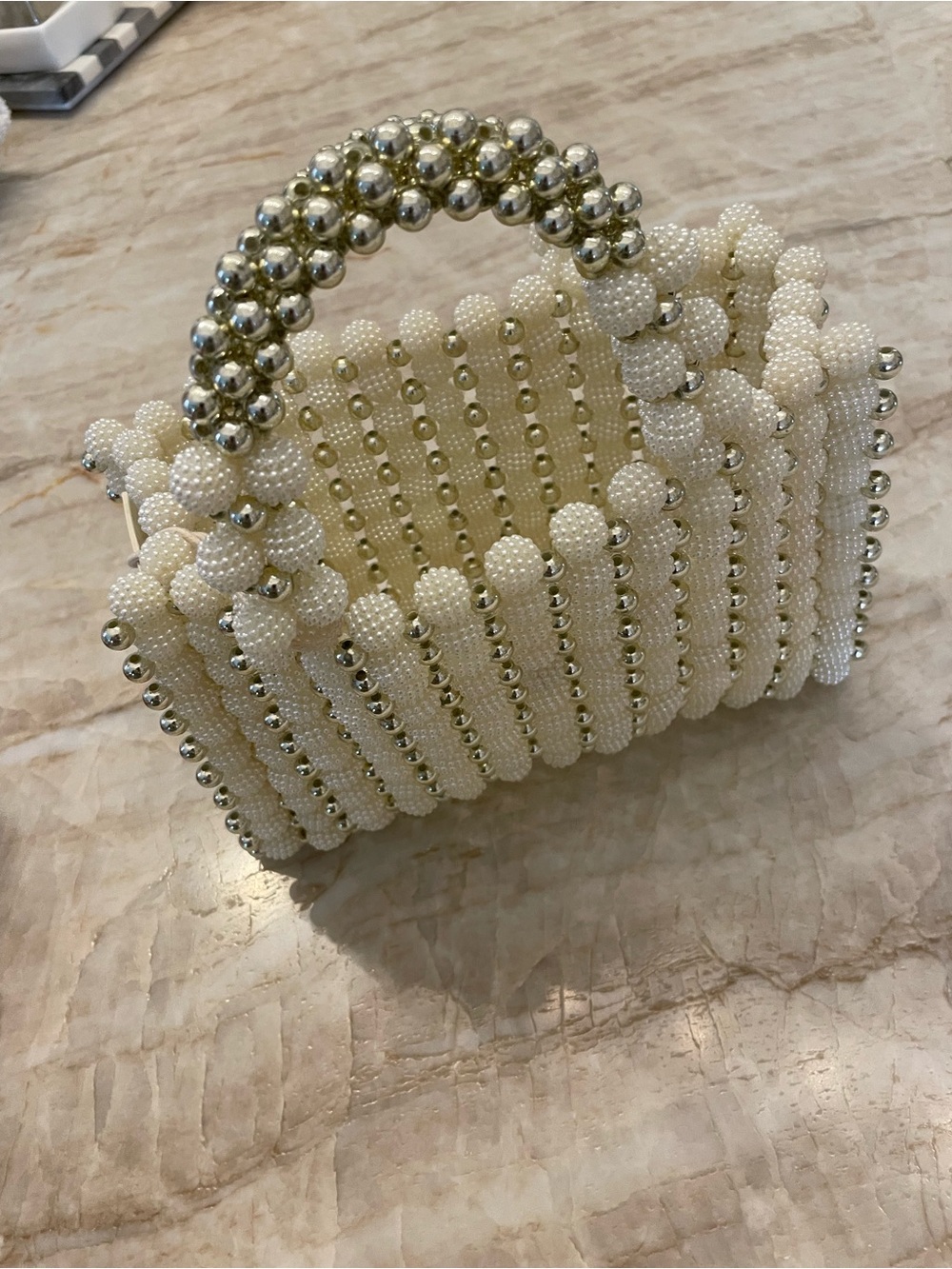 Madison West Cream Beaded Mini Top-Handle Bag with Gold Accents